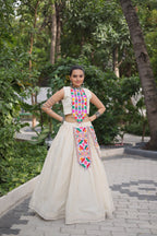 Prazu Fashion Off White Kora Cotton With Kutchi Gamthi Work Lehenga For Navratri