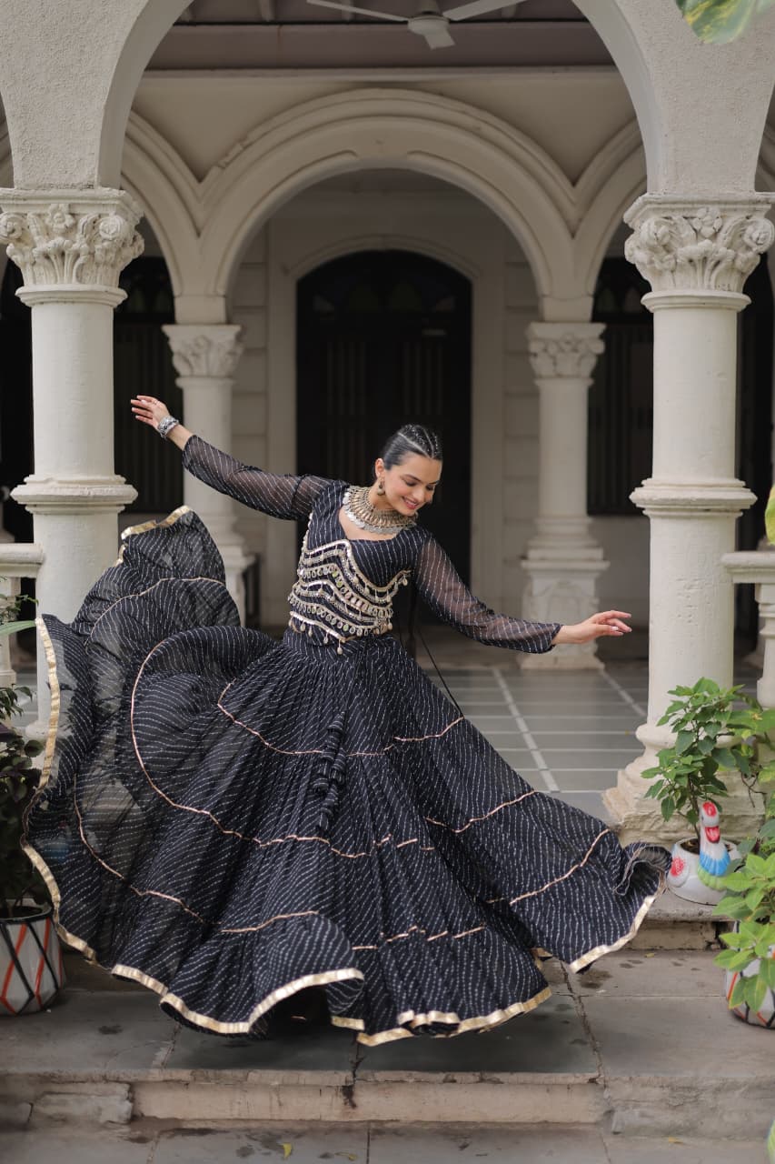 Prazu Fashion Black Georgette Leheriya Print Work With Mirror Lace Navratri Lehenga