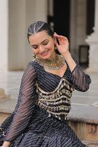 Prazu Fashion Black Georgette Leheriya Print Work With Mirror Lace Navratri Lehenga