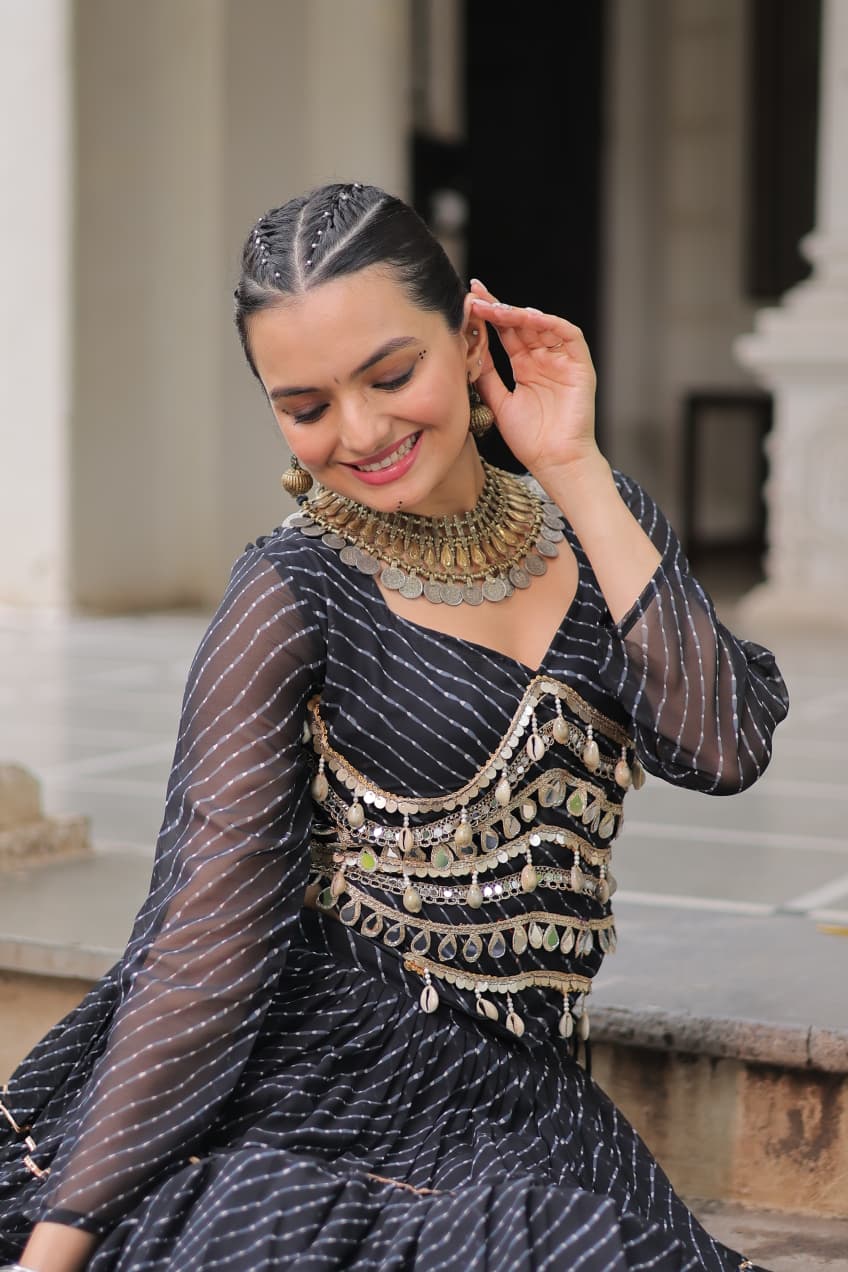 Prazu Fashion Black Georgette Leheriya Print Work With Mirror Lace Navratri Lehenga