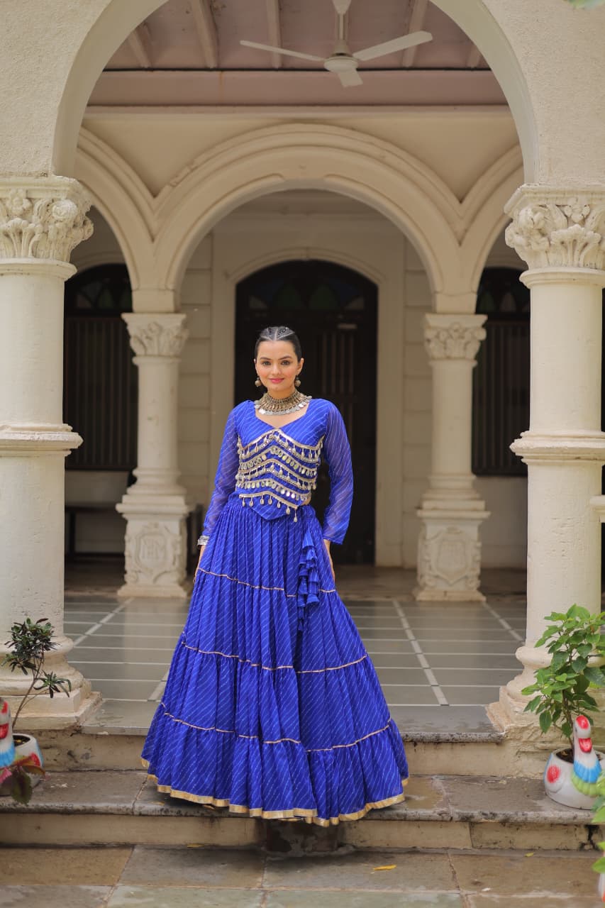 Prazu Fashion Blue Georgette Leheriya Print Work With Mirror Lace Navratri Lehenga