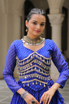 Prazu Fashion Blue Georgette Leheriya Print Work With Mirror Lace Navratri Lehenga