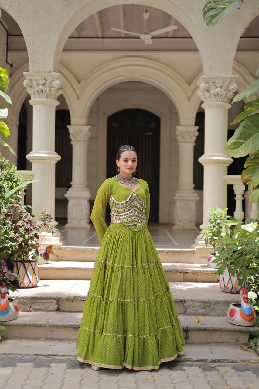 Prazu Fashion Mehendi Georgette Leheriya Print Work With Mirror Lace Navratri Lehenga