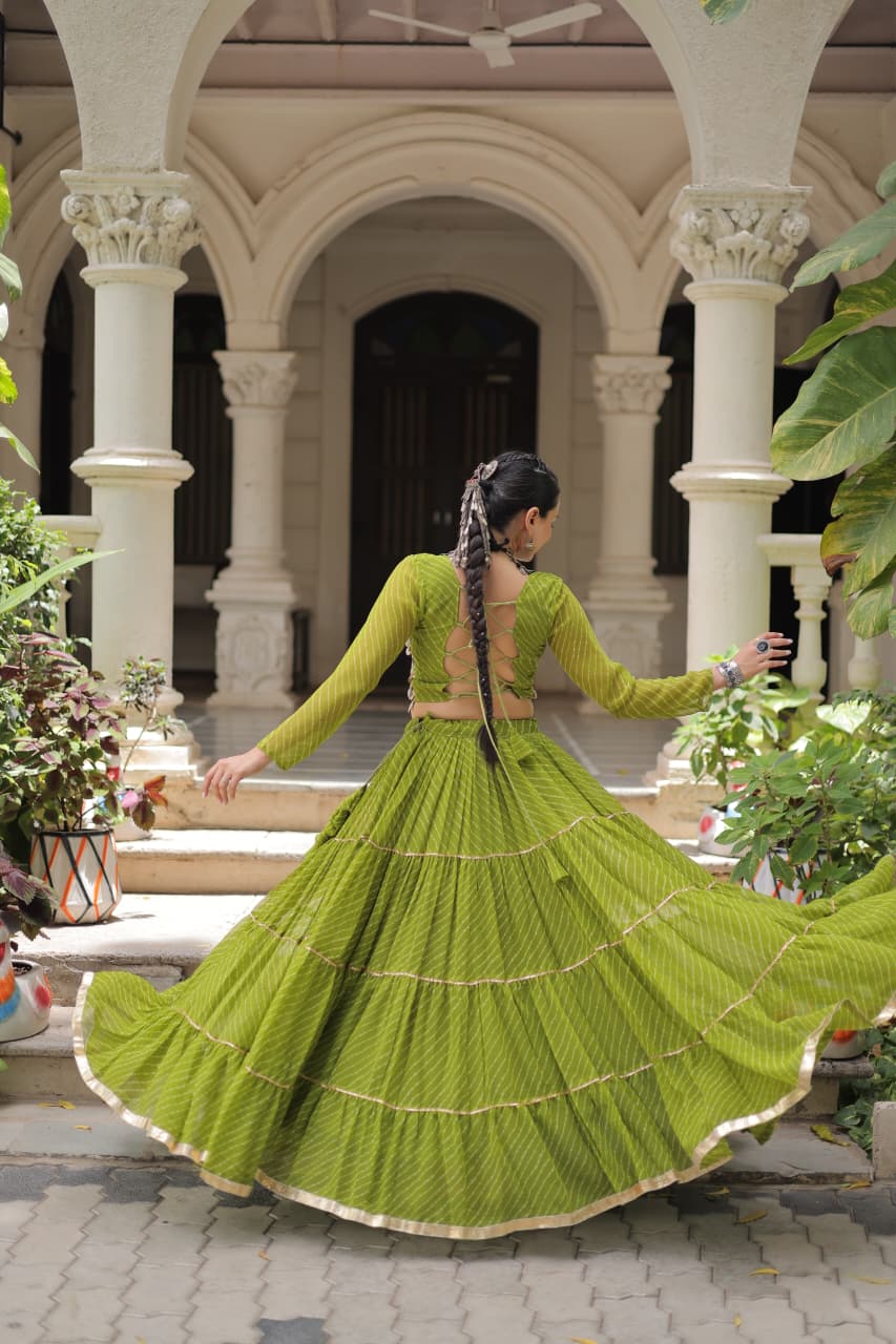 Prazu Fashion Mehendi Georgette Leheriya Print Work With Mirror Lace Navratri Lehenga