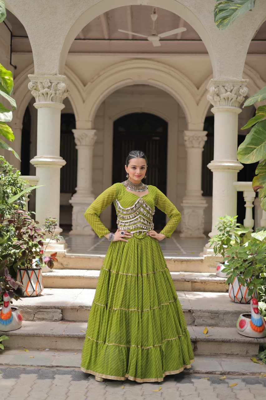 Prazu Fashion Mehendi Georgette Leheriya Print Work With Mirror Lace Navratri Lehenga