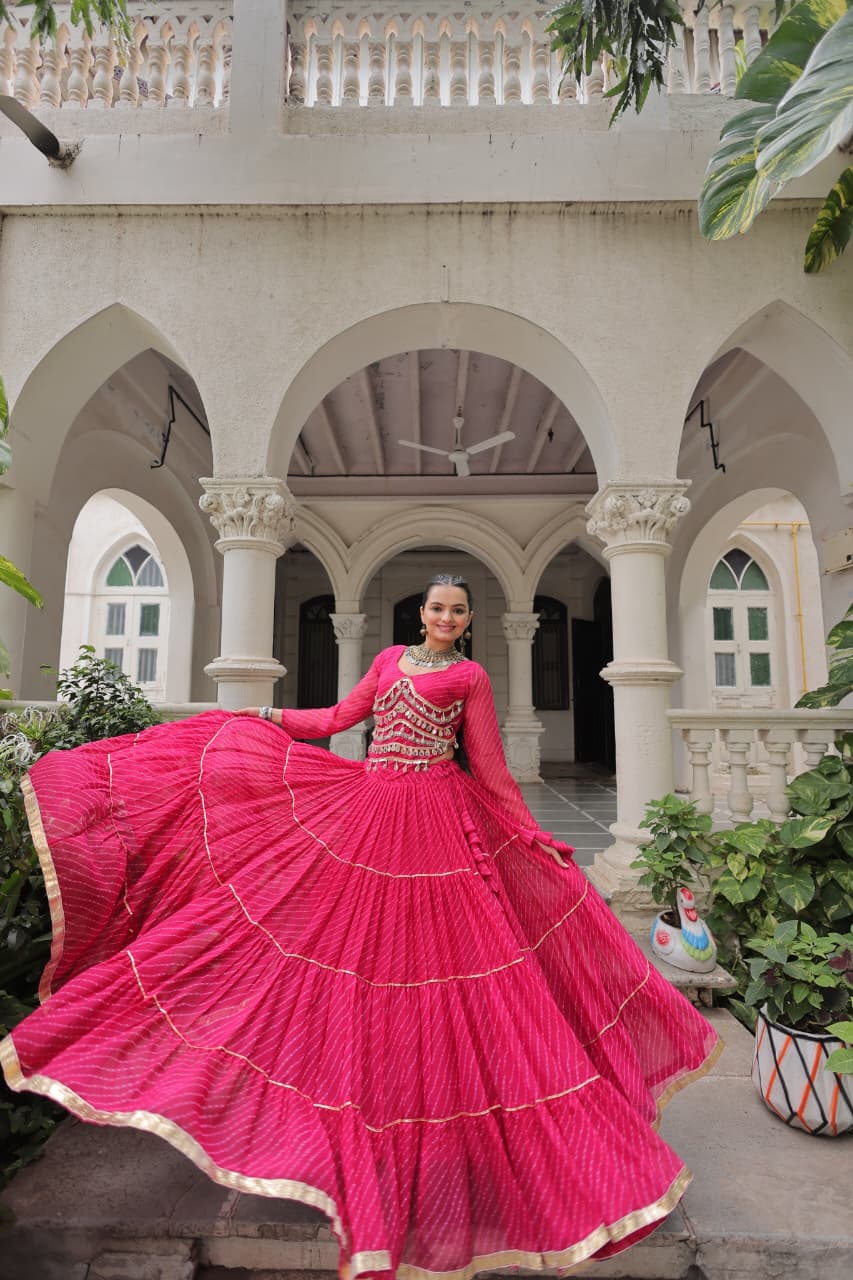 Prazu Fashion Pink Georgette Leheriya Print Work With Mirror Lace Navratri Lehenga