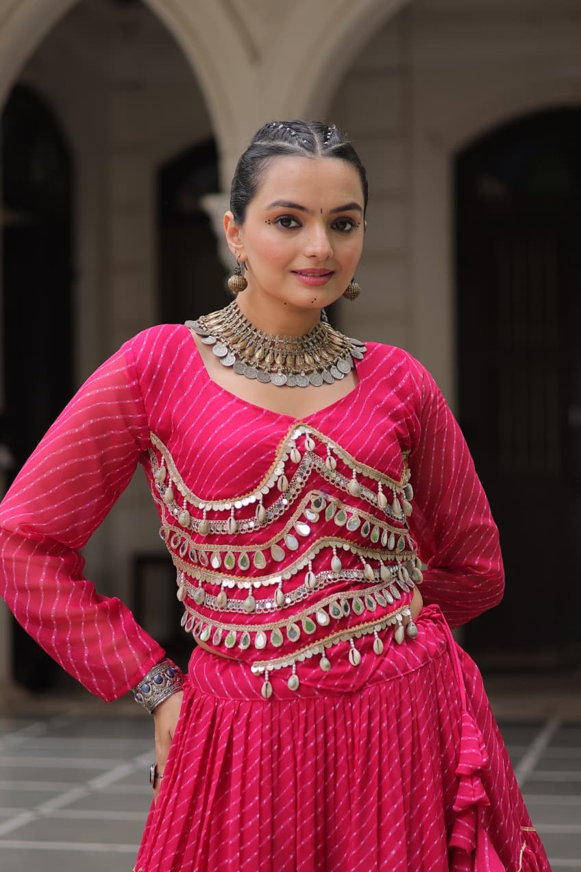 Prazu Fashion Pink Georgette Leheriya Print Work With Mirror Lace Navratri Lehenga