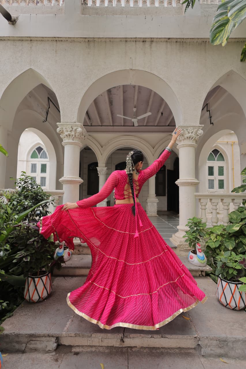Prazu Fashion Pink Georgette Leheriya Print Work With Mirror Lace Navratri Lehenga