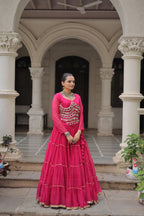 Prazu Fashion Pink Georgette Leheriya Print Work With Mirror Lace Navratri Lehenga