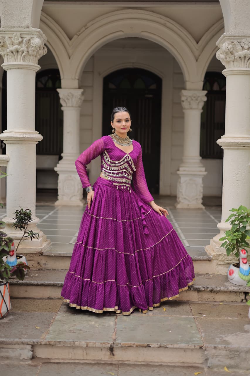 Prazu Fashion Purple Georgette Leheriya Print Work With Mirror Lace Navratri Lehenga
