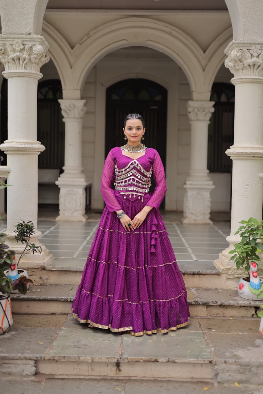 Prazu Fashion Purple Georgette Leheriya Print Work With Mirror Lace Navratri Lehenga