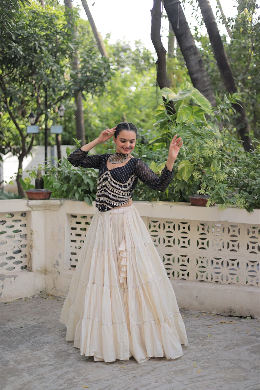 Prazu Fashion Black Georgette Leheriya Print With Attractive Mirror Lace Navaratri Lehenga