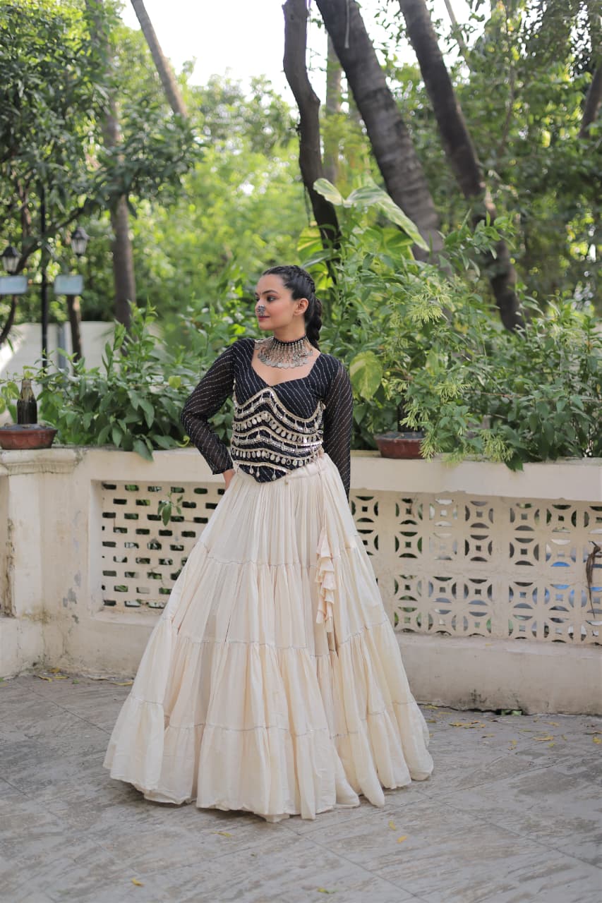 Prazu Fashion Black Georgette Leheriya Print With Attractive Mirror Lace Navaratri Lehenga