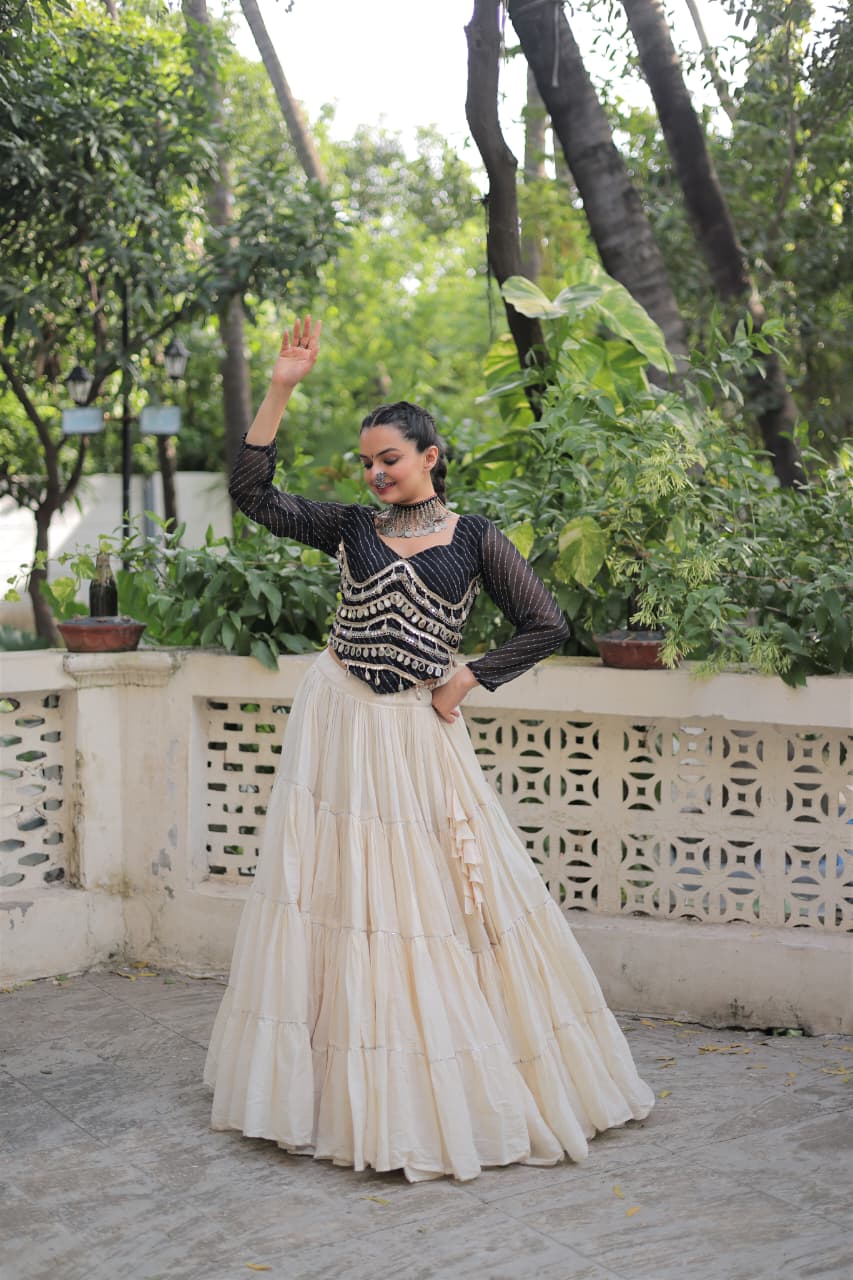 Prazu Fashion Black Georgette Leheriya Print With Attractive Mirror Lace Navaratri Lehenga