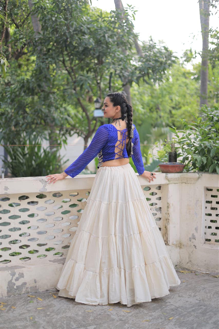 Prazu Fashion Blue Georgette Leheriya Print With Attractive Mirror Lace Navaratri Lehenga