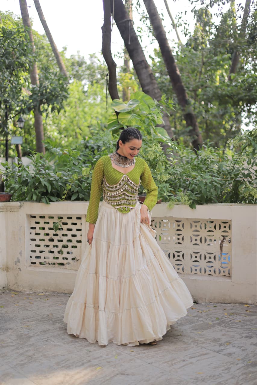 Prazu Fashion Mehndi Georgette Leheriya Print With Attractive Mirror Lace Navaratri Lehenga