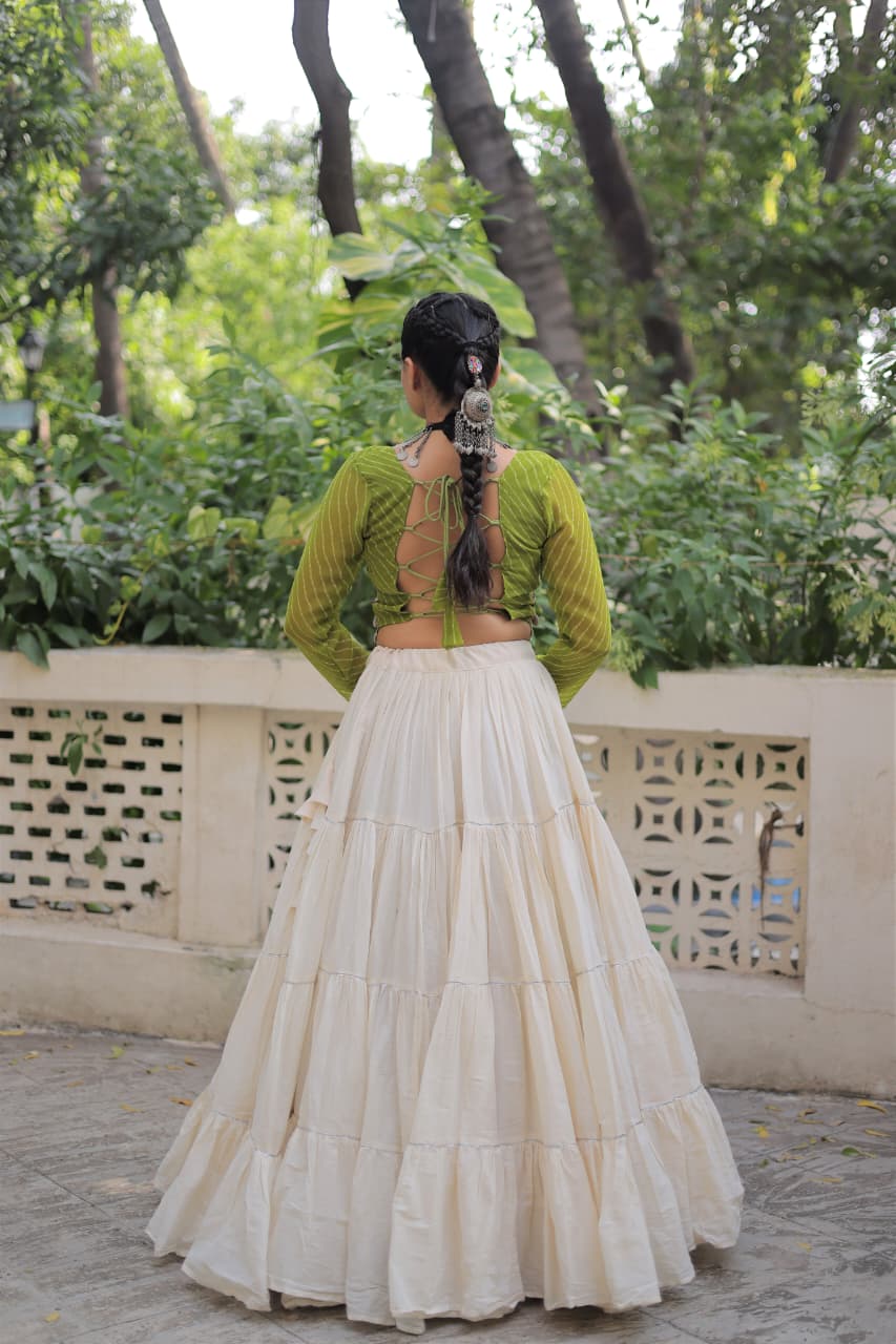 Prazu Fashion Mehndi Georgette Leheriya Print With Attractive Mirror Lace Navaratri Lehenga
