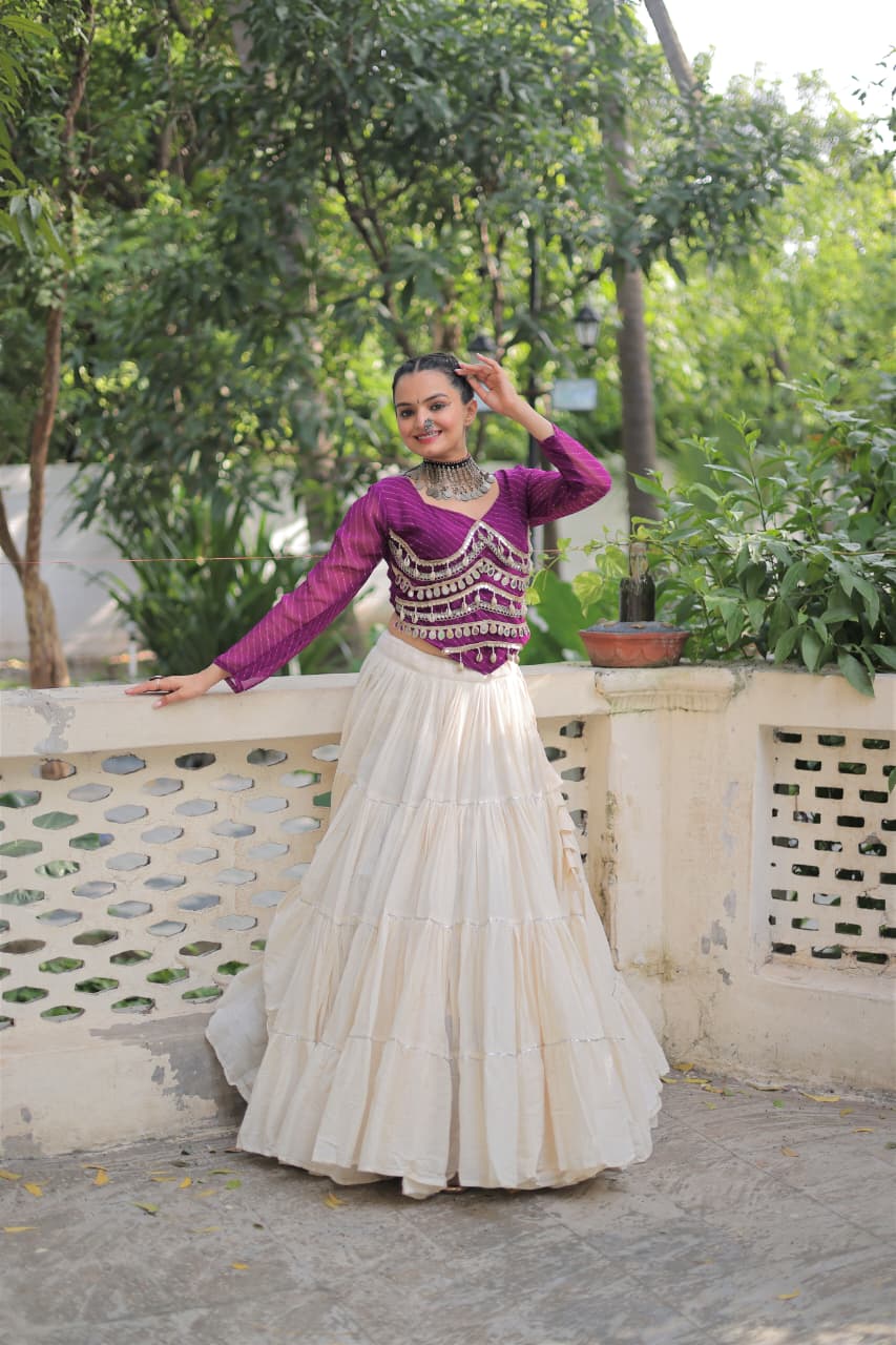 Prazu Fashion Wine Georgette Leheriya Print With Attractive Mirror Lace Navaratri Lehenga
