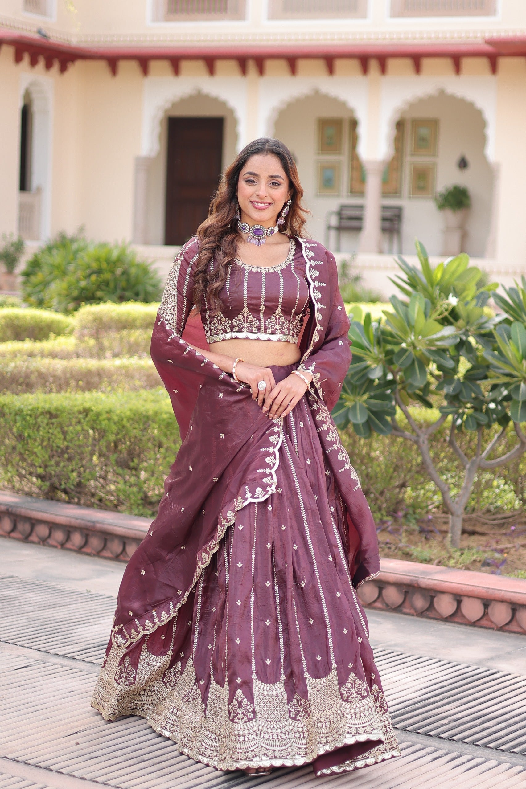 Prazu Fashion Wine Gold Crush With Sequins & Zari Embroidered Work Lehenga Choli - Distacart