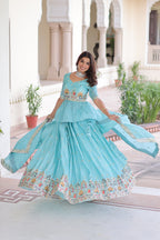 Prazu Fashion Sky Blue Gold Crush With Multi Thread Embroidery Lehenga Choli - Distacart