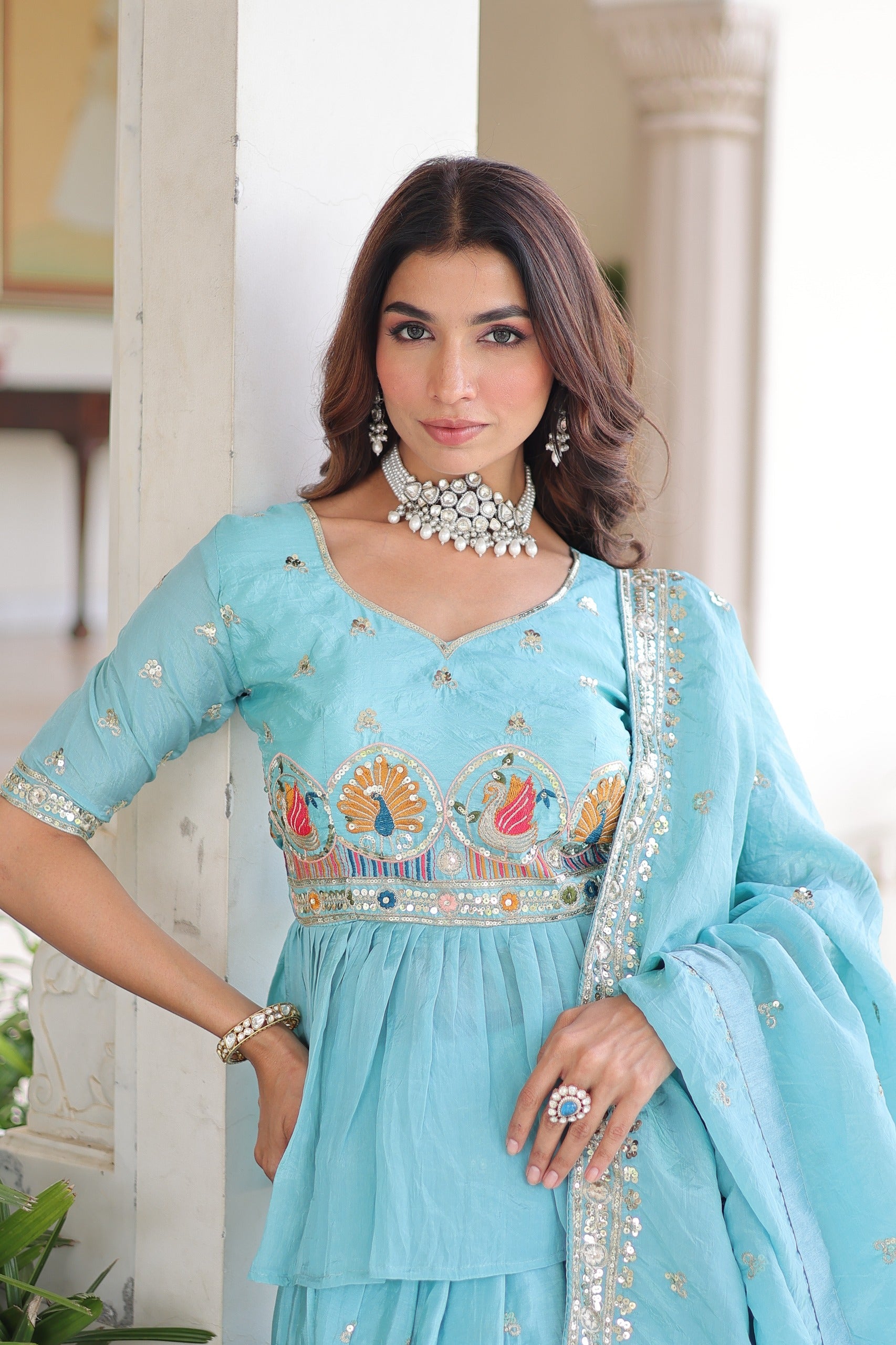 Prazu Fashion Sky Blue Gold Crush With Multi Thread Embroidery Lehenga Choli - Distacart