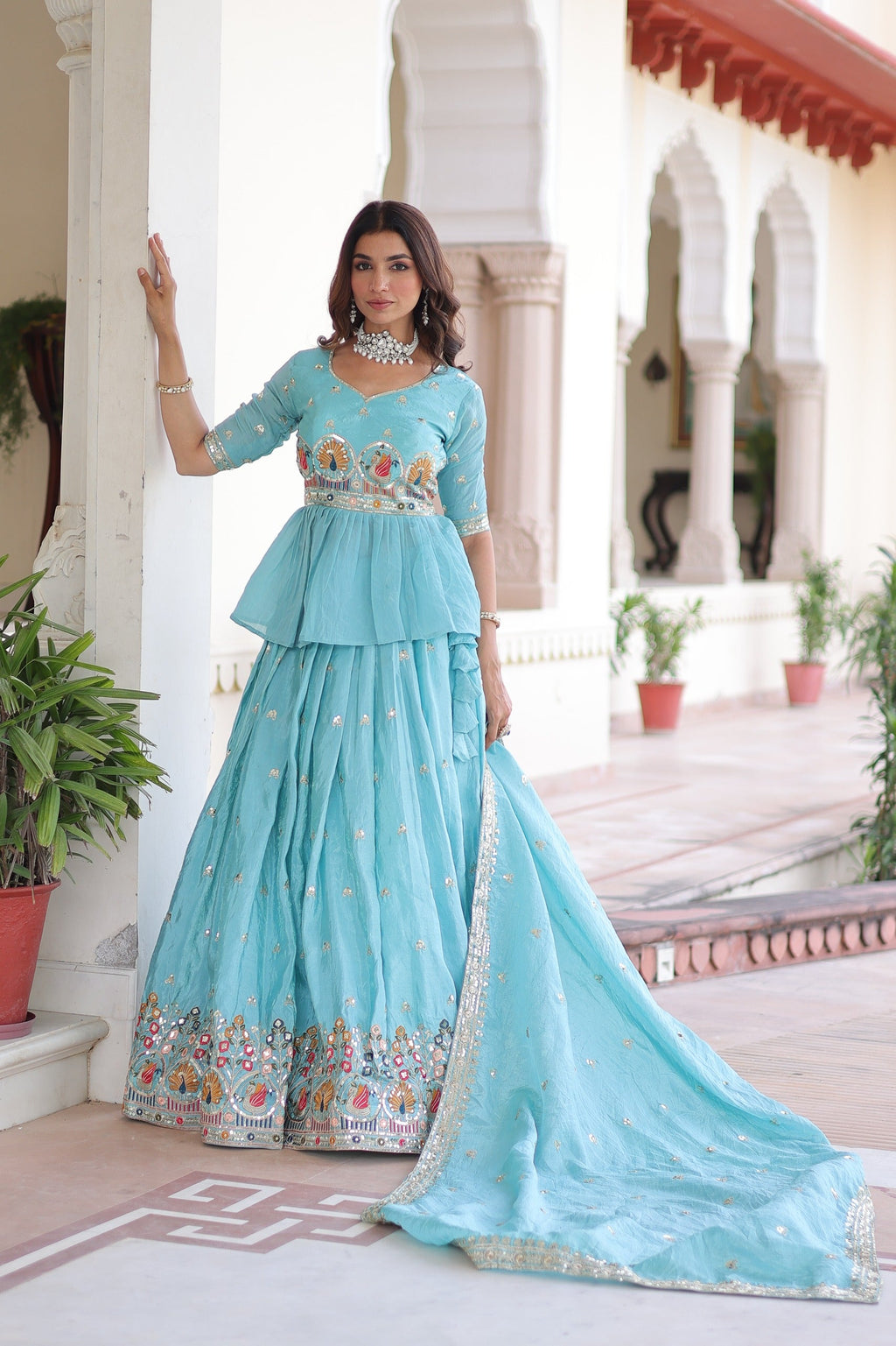 Prazu Fashion Sky Blue Gold Crush With Multi Thread Embroidery Lehenga Choli - Distacart