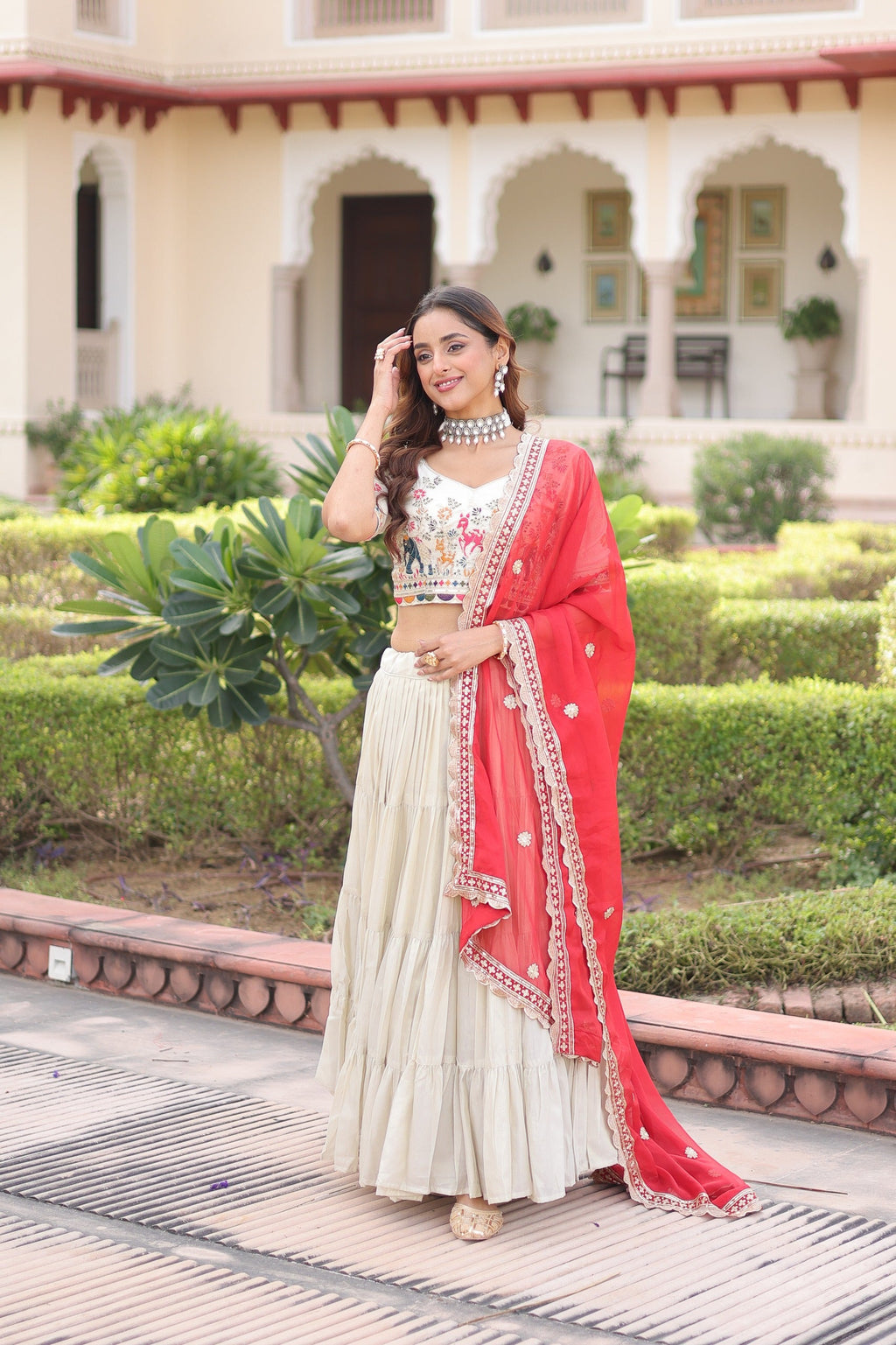 Prazu Fashion Off White Cosmos Silk With Standard Frill Stitching Embroidered Lehenga Choli - Distacart