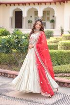 Prazu Fashion Off White Cosmos Silk With Standard Frill Stitching Embroidered Lehenga Choli - Distacart