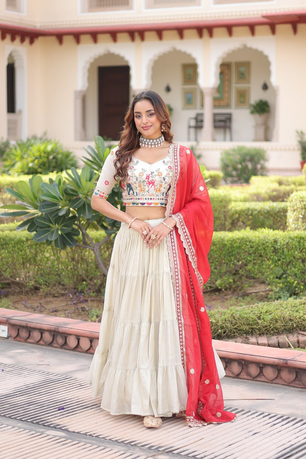 Prazu Fashion Off White Cosmos Silk With Standard Frill Stitching Embroidered Lehenga Choli - Distacart