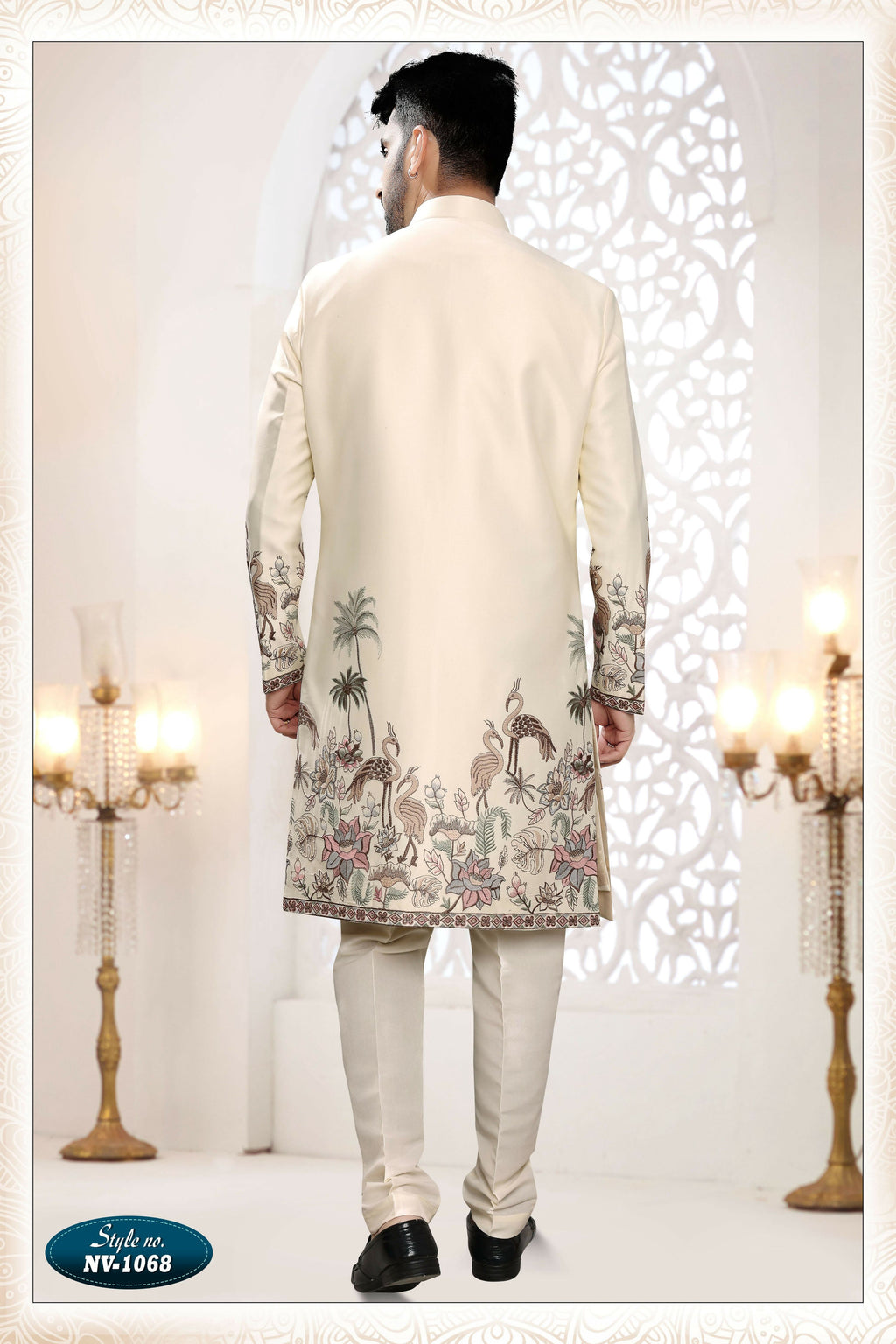 Joban Fashion Men's Cream Straight Silk Thread And Sequence Embroidery All Over 3 Pc Kurta Set