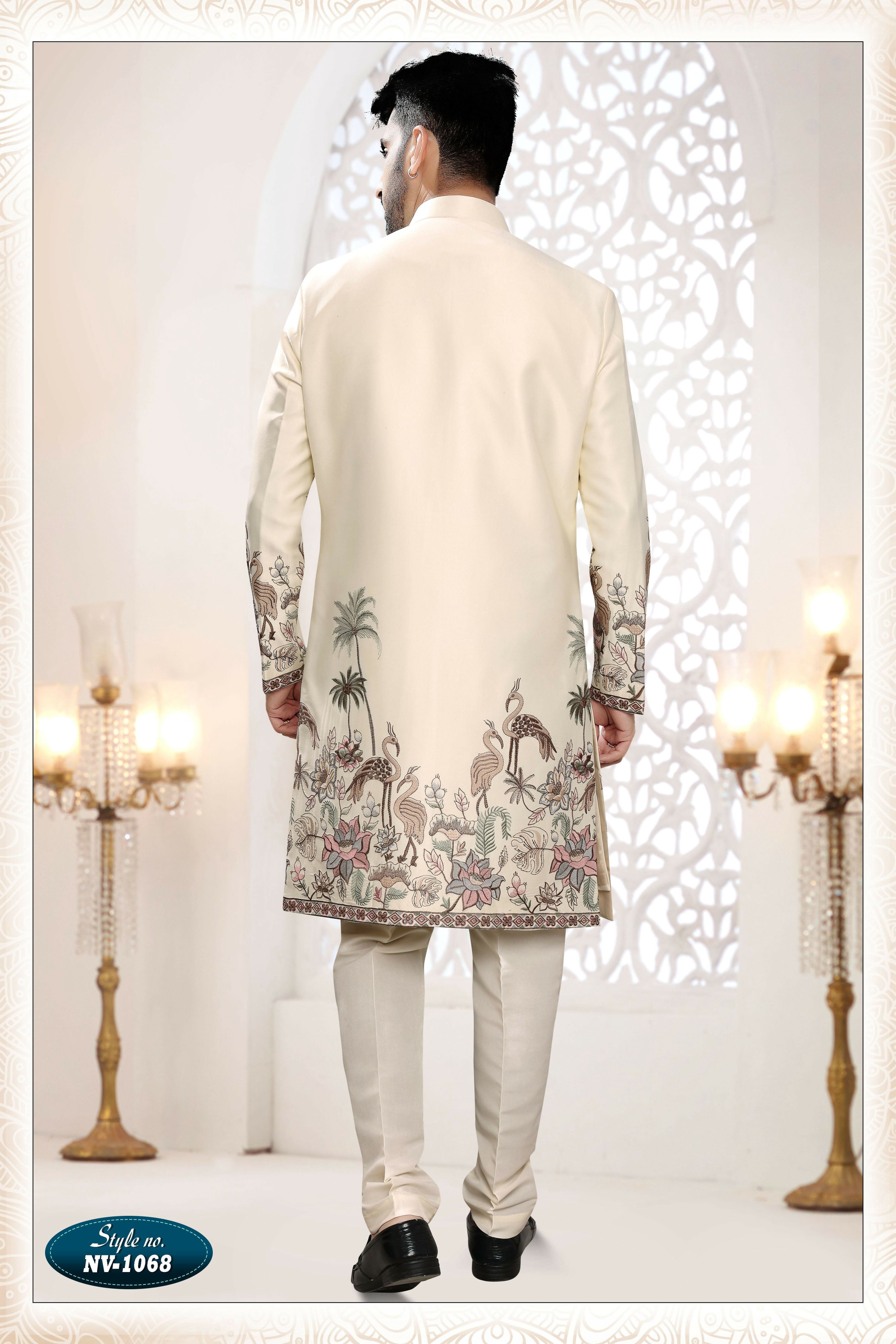 Joban Fashion Men's Cream Straight Silk Thread And Sequence Embroidery All Over 3 Pc Kurta Set