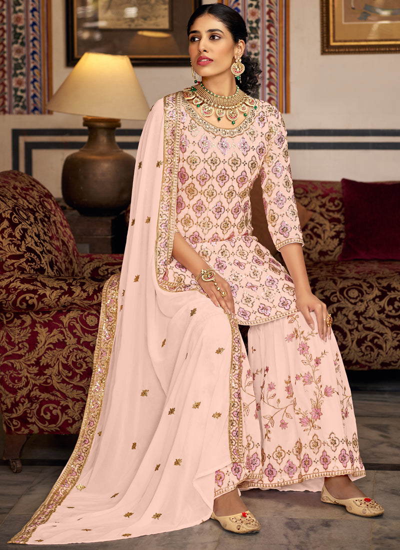 Vegaa Fashion Light Peach Georgette Ebroidered Designer Sharara Suit - Distacart