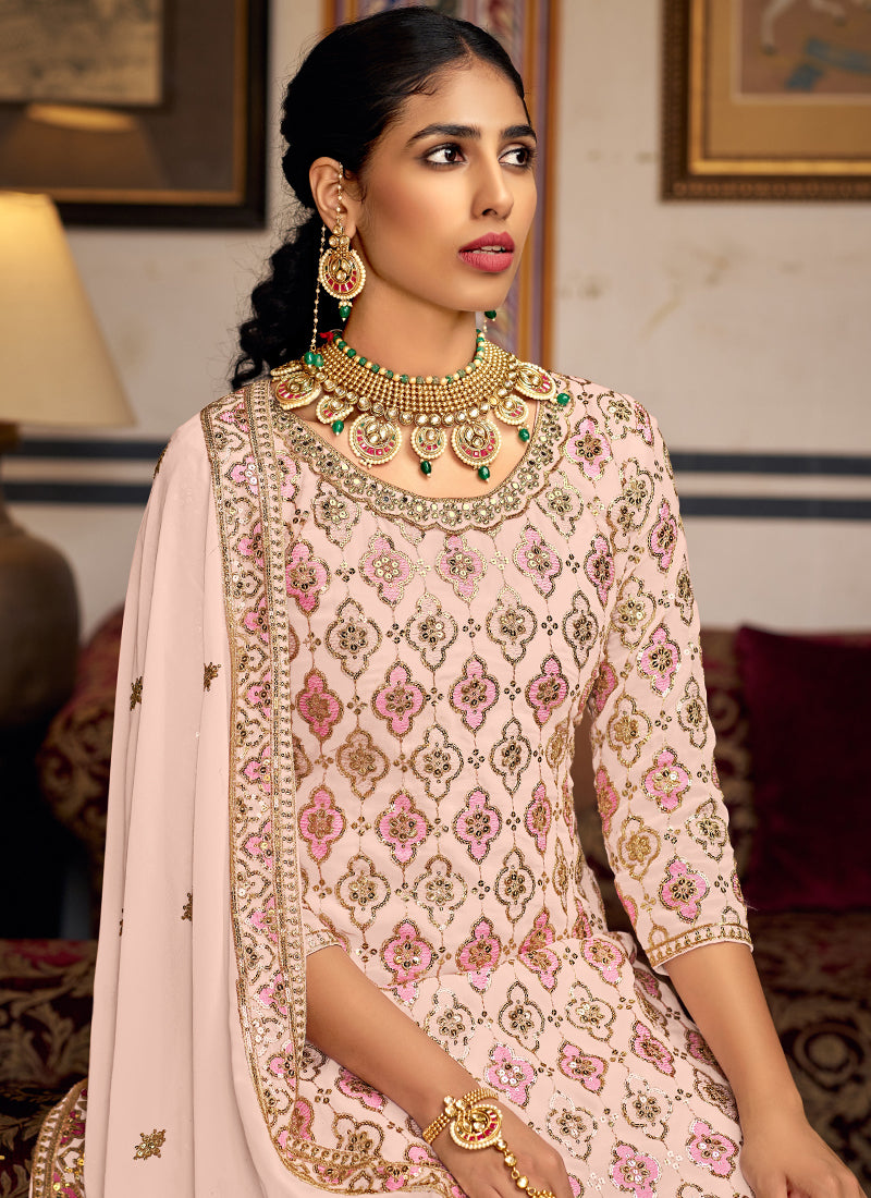 Vegaa Fashion Light Peach Georgette Ebroidered Designer Sharara Suit - Distacart