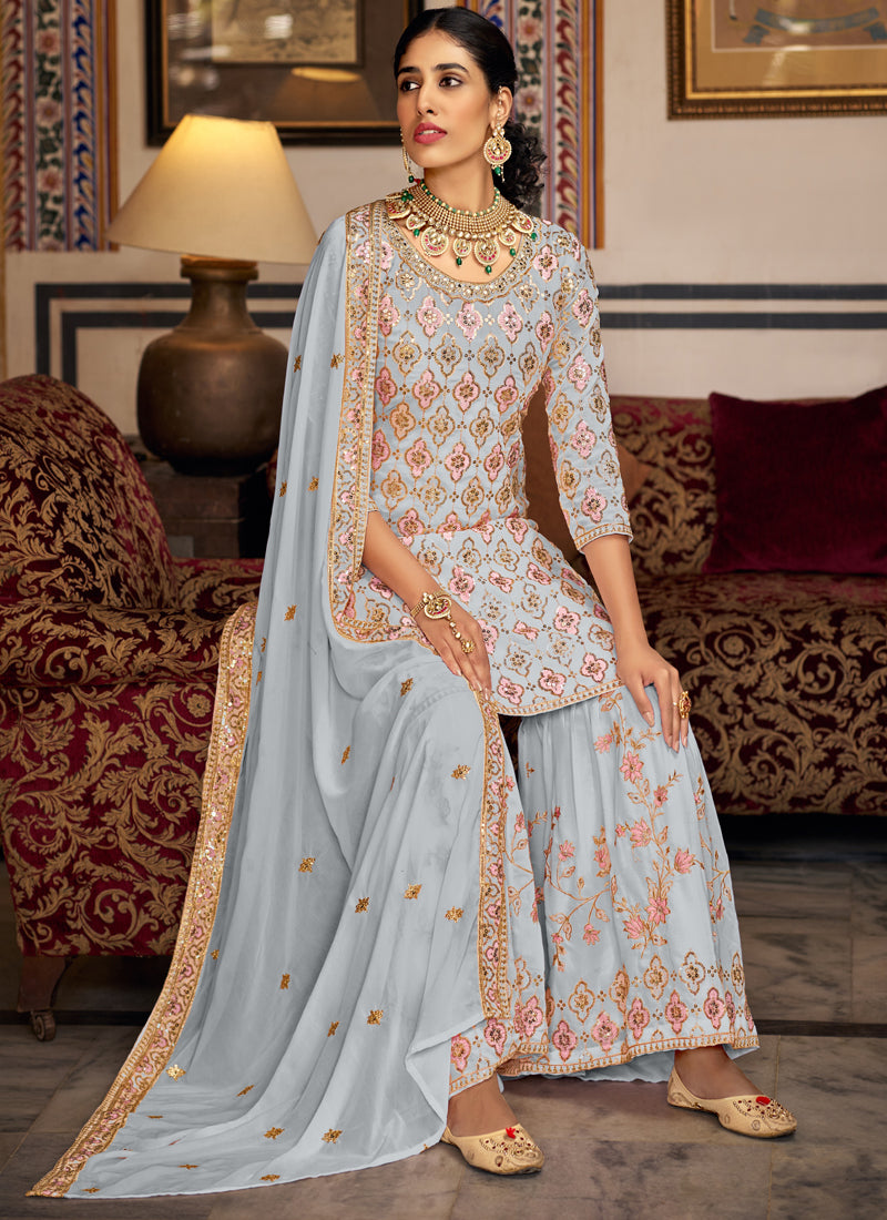 Vegaa Fashion Light Grey Georgette Ebroidered Designer Sharara Suit - Distacart