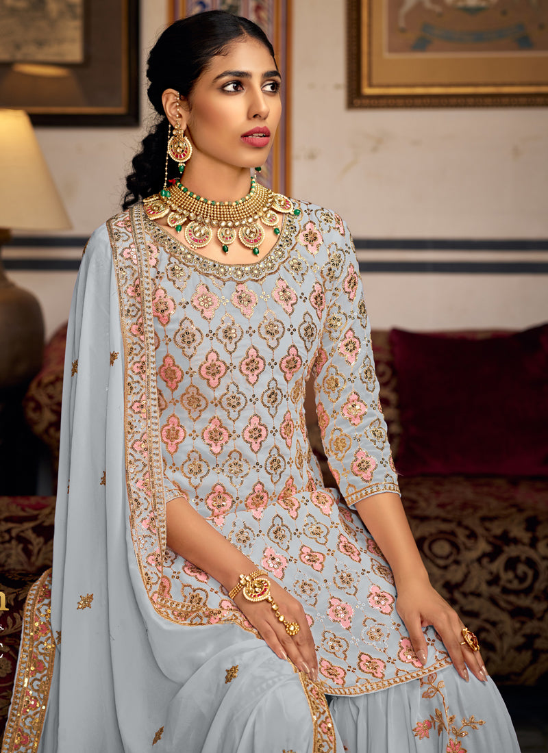 Vegaa Fashion Light Grey Georgette Ebroidered Designer Sharara Suit - Distacart