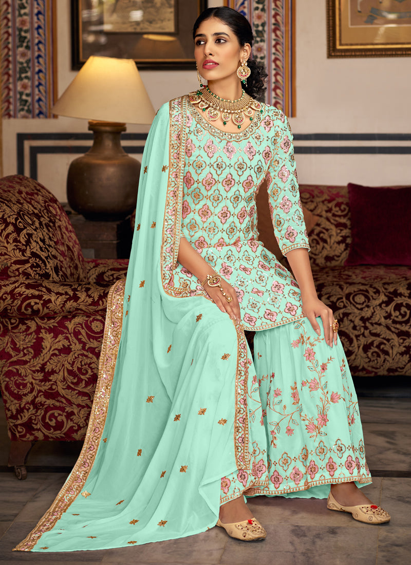 Vegaa Fashion Bottel Green Georgette Ebroidered Designer Sharara Suit - Distacart