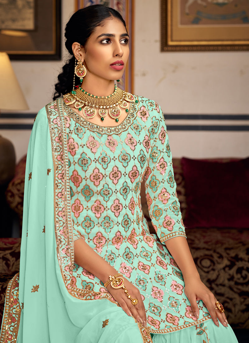 Vegaa Fashion Bottel Green Georgette Ebroidered Designer Sharara Suit - Distacart