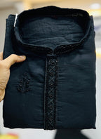 Prazu Fashion Black Roman Silk Handwork Kurta With Pajama - Distacart