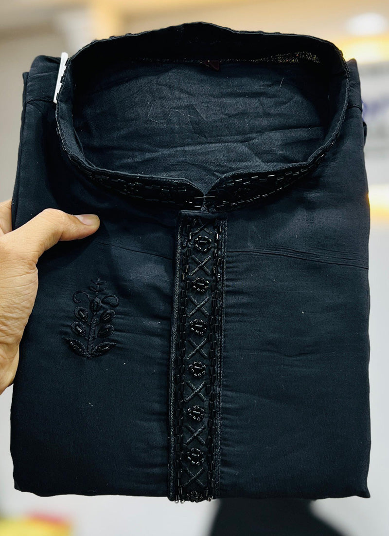 Prazu Fashion Black Roman Silk Handwork Kurta With Pajama - Distacart