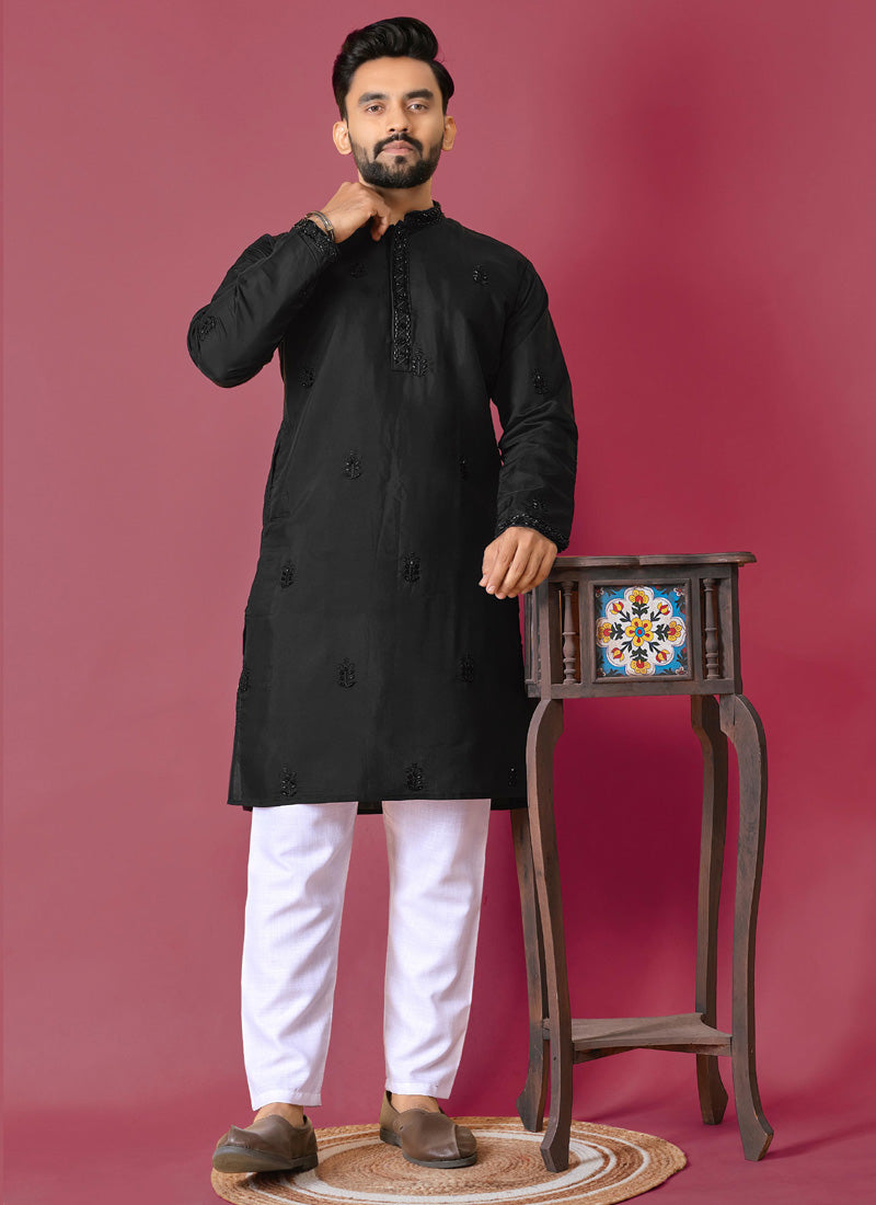 Prazu Fashion Black Roman Silk Handwork Kurta With Pajama - Distacart