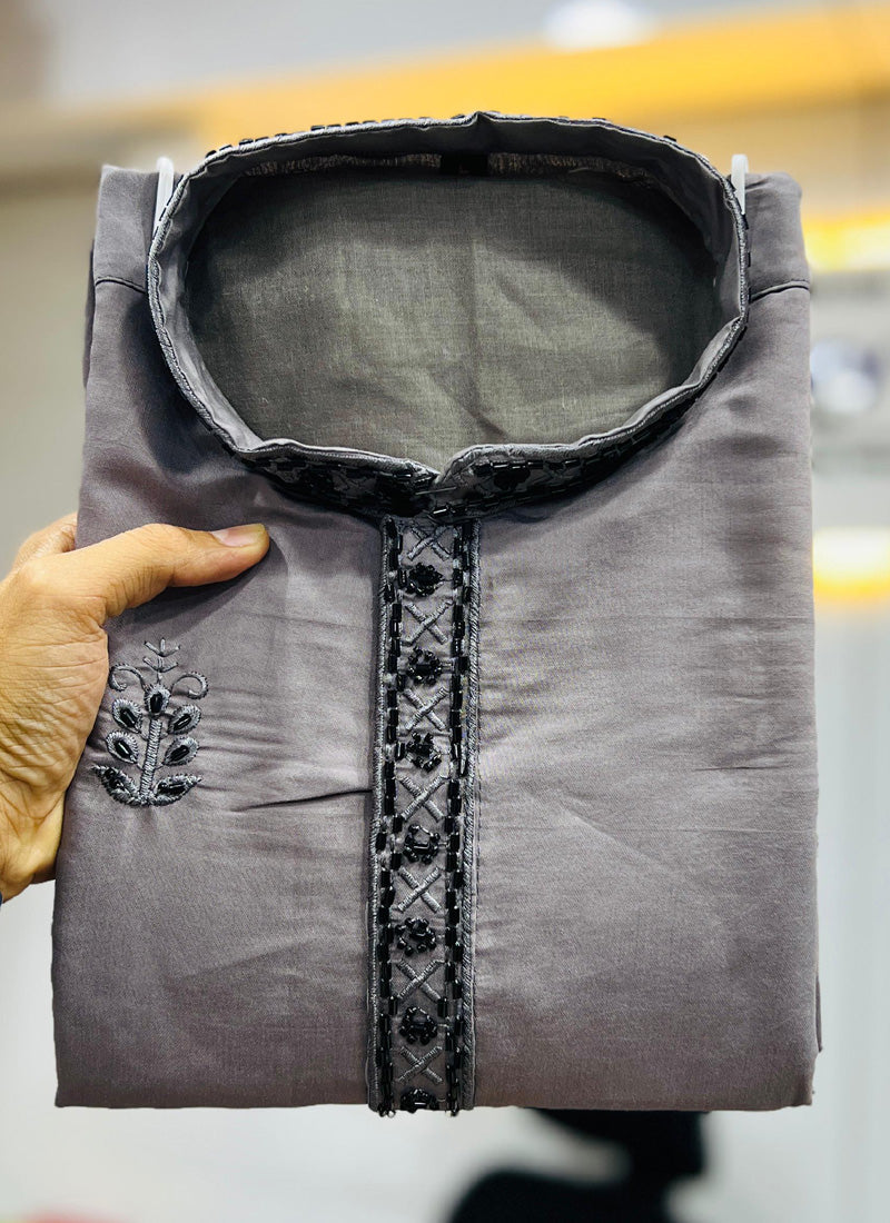 Prazu Fashion Dark Grey Roman Silk Handwork Kurta With Pajama - Distacart