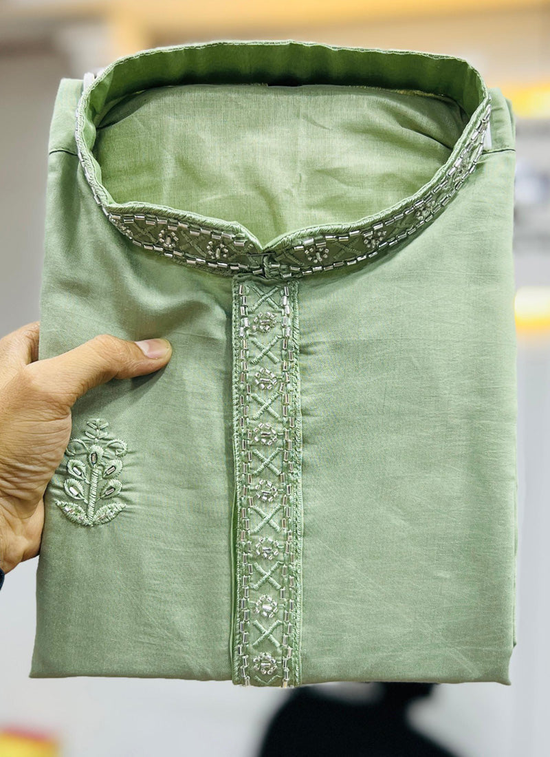 Prazu Fashion Light Green Roman Silk Handwork Kurta With Pajama - Distacart