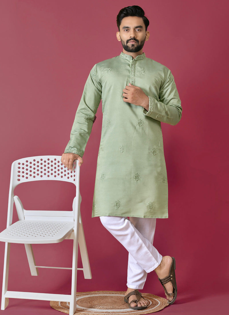 Prazu Fashion Light Green Roman Silk Handwork Kurta With Pajama - Distacart
