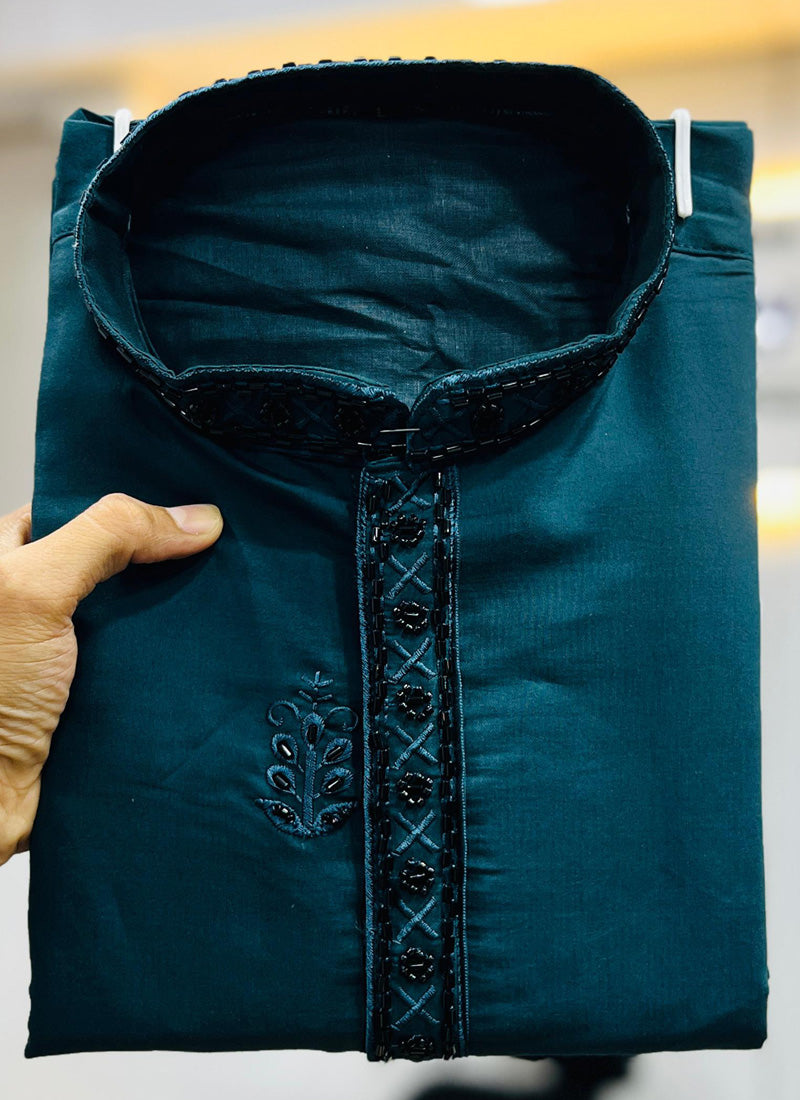 Prazu Fashion Royal Blue Roman Silk Handwork Kurta With Pajama - Distacart