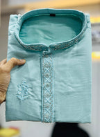 Prazu Fashion Sky Blue Roman Silk Handwork Kurta With Pajama - Distacart
