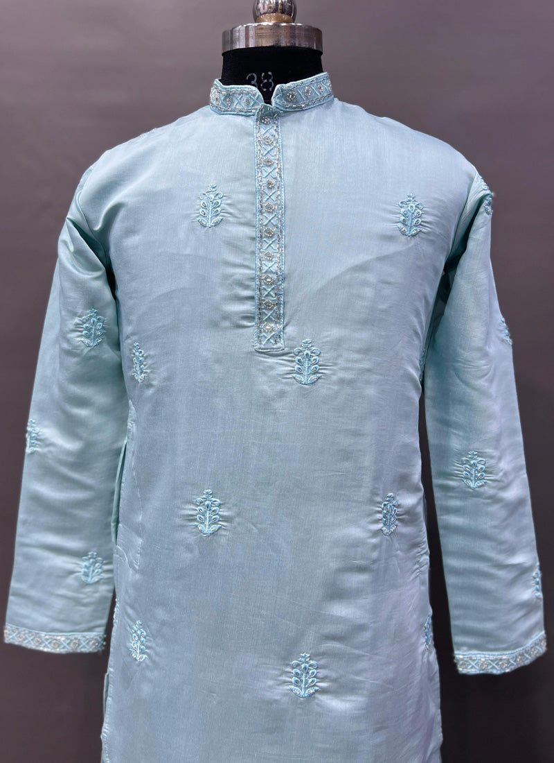 Prazu Fashion Sky Blue Roman Silk Handwork Kurta With Pajama - Distacart