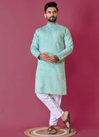 Prazu Fashion Sky Blue Roman Silk Handwork Kurta With Pajama - Distacart