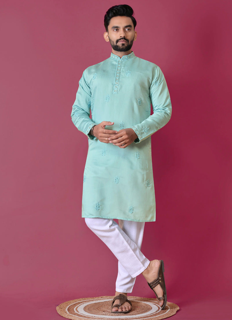 Prazu Fashion Sky Blue Roman Silk Handwork Kurta With Pajama - Distacart
