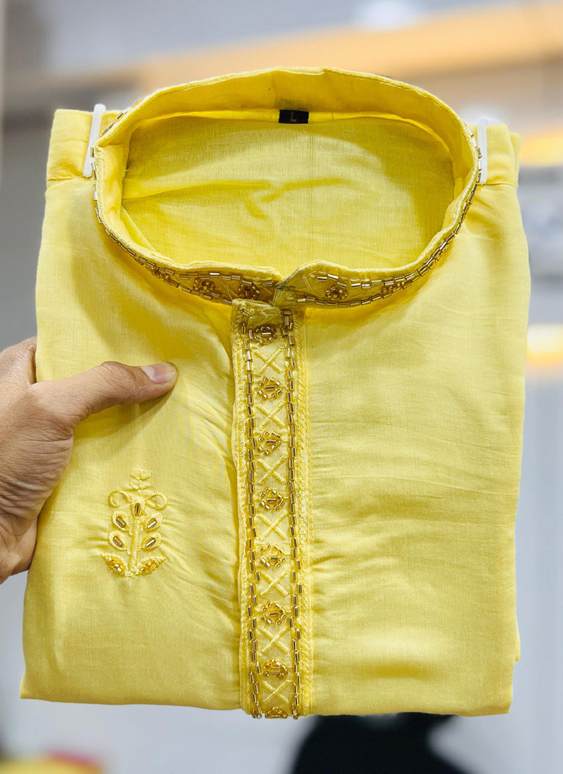 Prazu Fashion Yellow Roman Silk Handwork Kurta With Pajama - Distacart