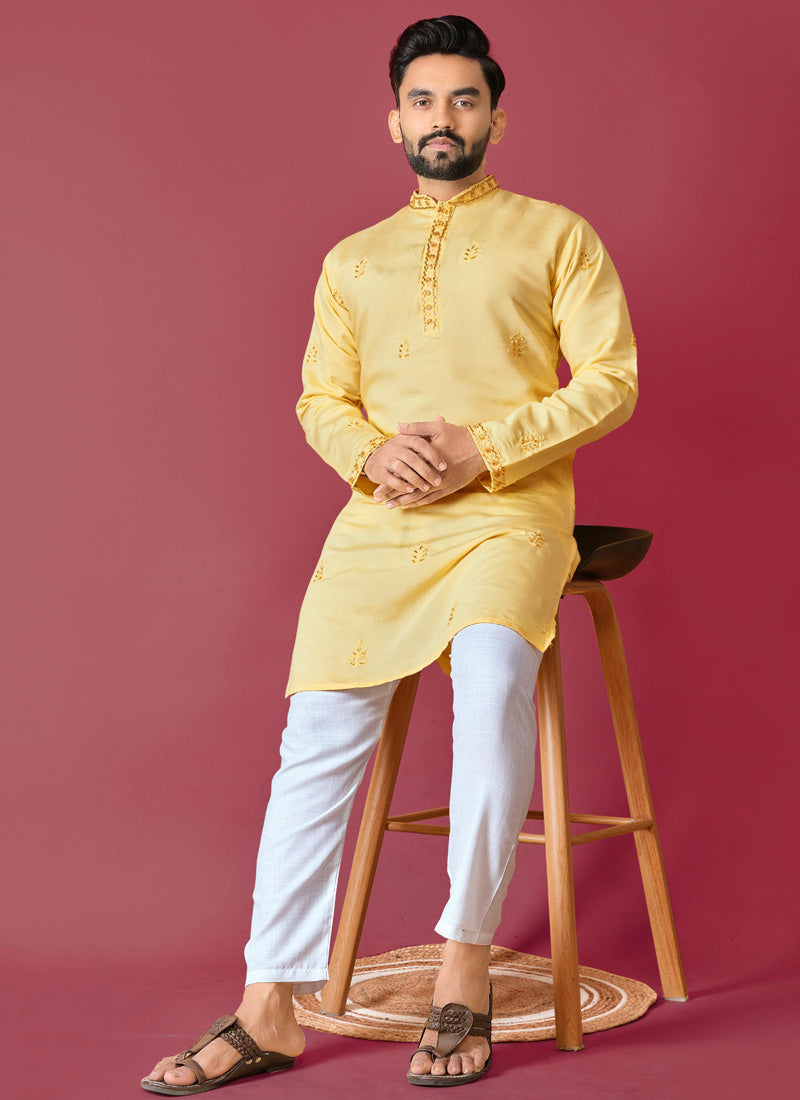 Prazu Fashion Yellow Roman Silk Handwork Kurta With Pajama - Distacart